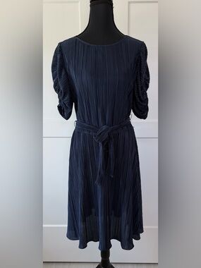 EUC DKNY Midnight Blue‎ Pleated Bubble Sleeve Dress, Size 8